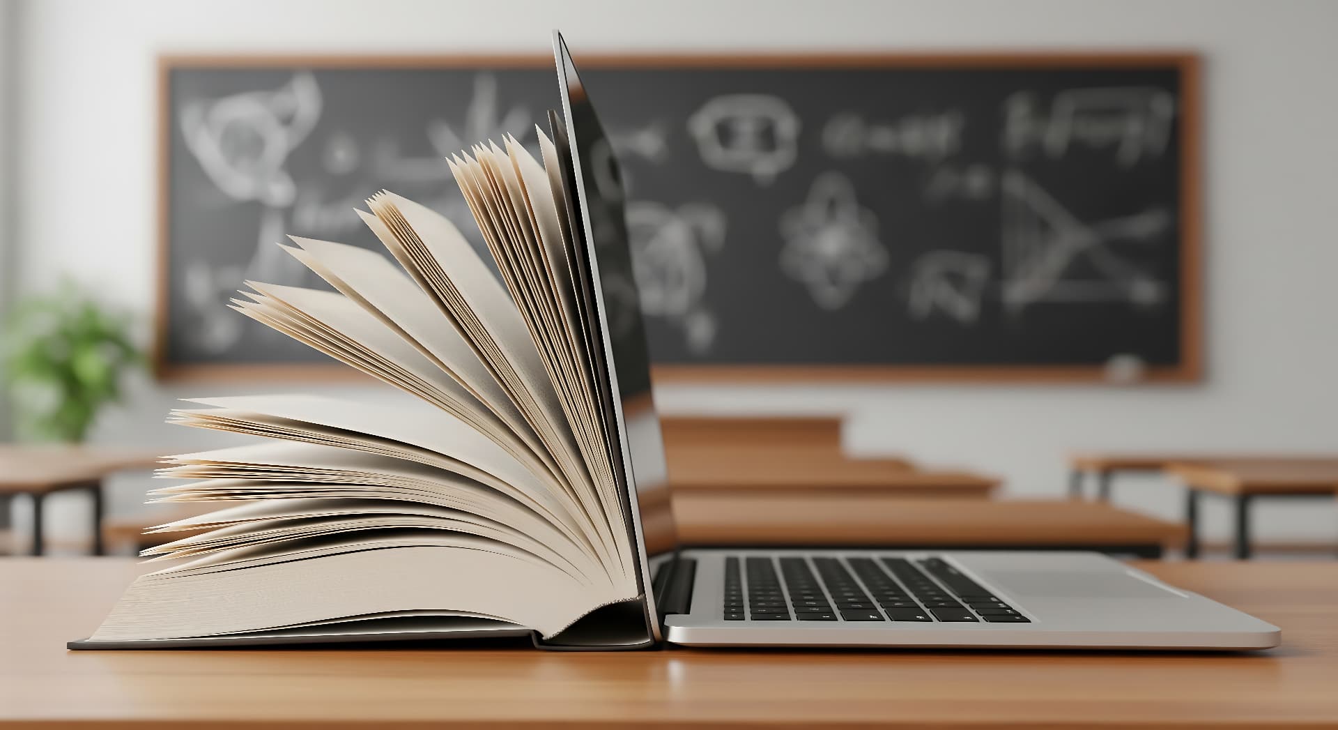 Stock photo of an open book, laptop and chalkboard in a classroom